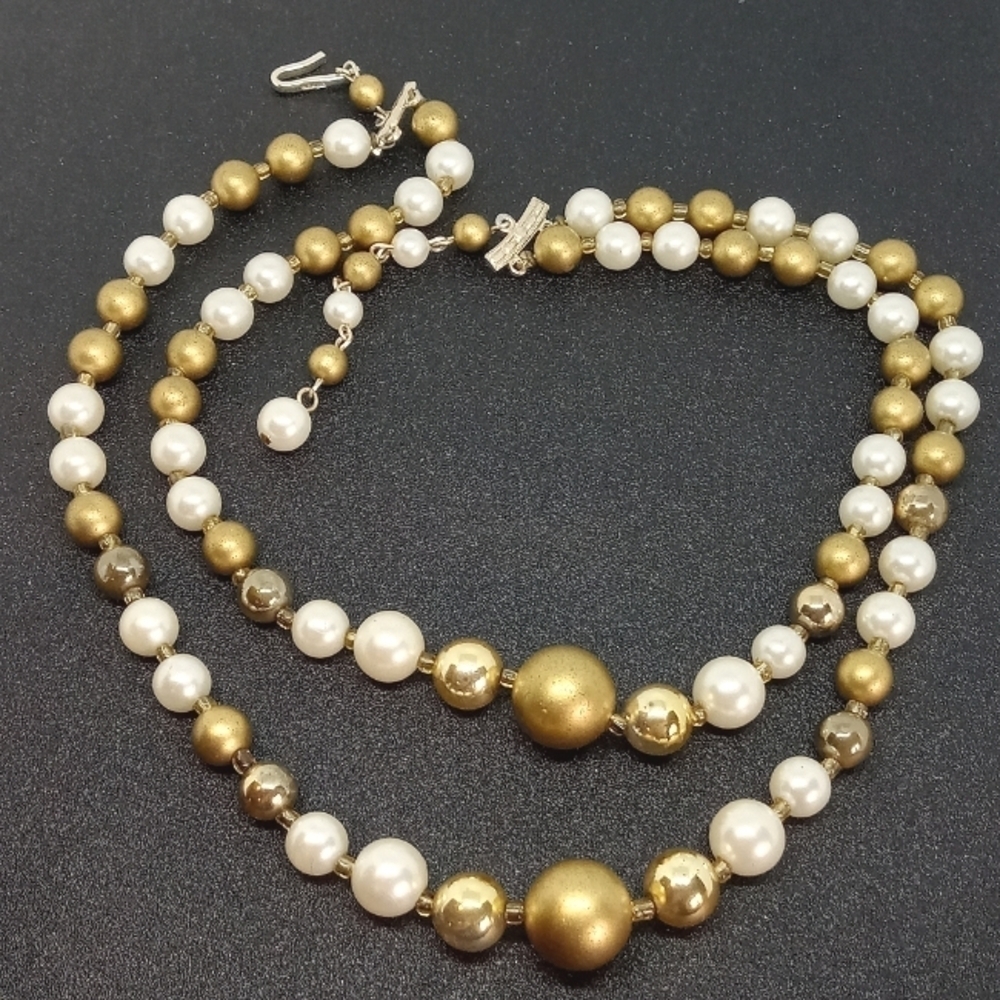 * vintage Japan 2 strand faux pearl & gold tone bead choker necklace 15-17"